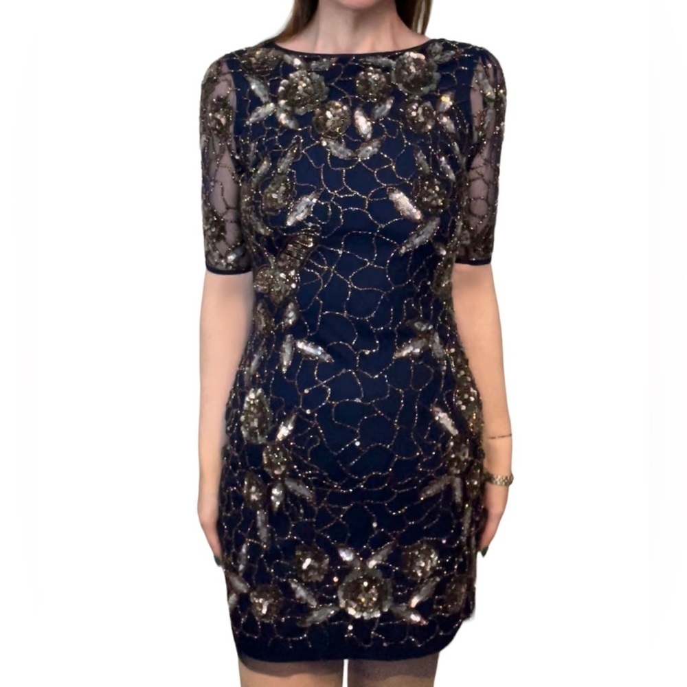 Aidan Mattox 4 Embroidered Beaded Sequin Cocktail Dress Navy Blue